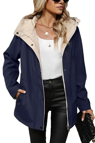 Giolshon Giacca Antivento Donna Media Cappuccio Maniche Lunghe | Giacca Impermeabile Leggera Casual con Zip per Escursionismo con Cappuccio e Vita Regolabile Antivento
