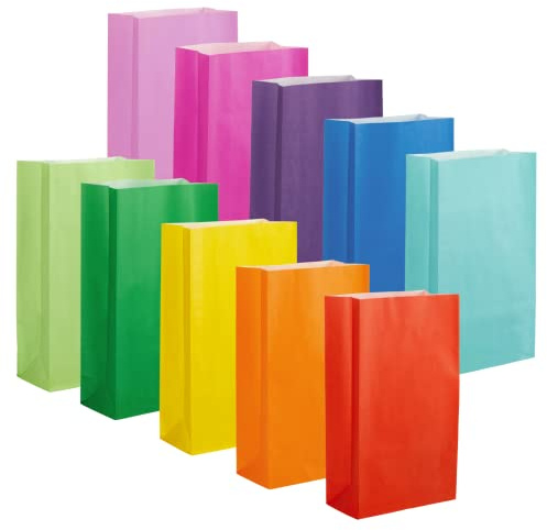 Thepaperbagstore 30 Regenbogenfarbene Papier-Partytüten 14 x 24.5 x 7 cm | Starke, recycelbare Kraftpapier-Partytüten, ideal für Gastgeschenke, Süßigkeiten, Geschenke, Leckereien und besondere Events.