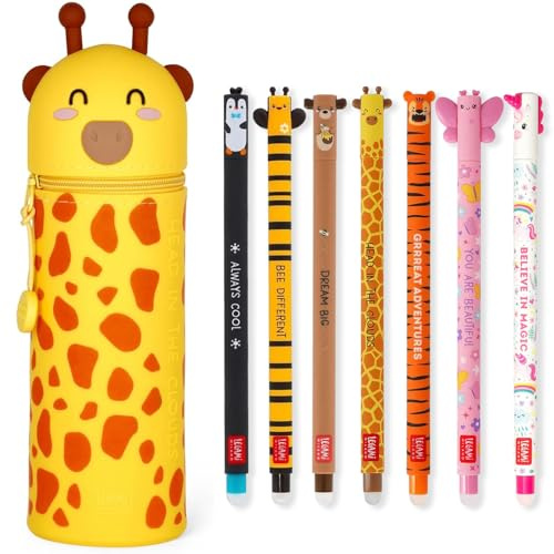 LEGAMI – Set mit 7 radierbaren Gelstiften + 2-in-1-Federmäppchen/Stiftbehälter – mit thermoempfindlicher Löschtinte, Tintenfarben und Schaftdesigns, 0,7 mm Spitze, Set 2 (Giraffe)