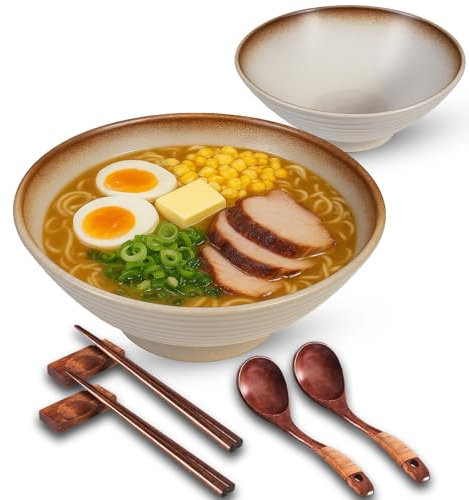 ECLIO Porcelain Ramen Bowl Set of 2-1000ml 34-Oz with Wooden Chopsticks, Spoons & Rests-Japanese Large Ramen Bowl for Noodle Soup Salad Pho Cereal Pasta-Microwave & Dishwasher Safe-Presentable Gift