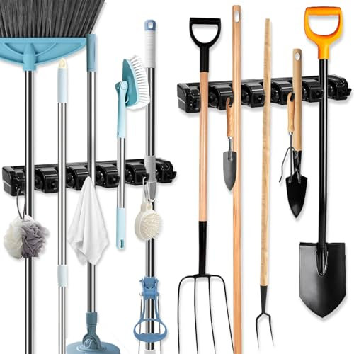 Vuxava Set di 2 Portascope da Parete con 5 Alloggiamenti e 6 Ganci – Supporto da Muro per Scope, Attrezzi da Giardino e Garage – Organizzatore per Attrezzi da Giardino e Casa