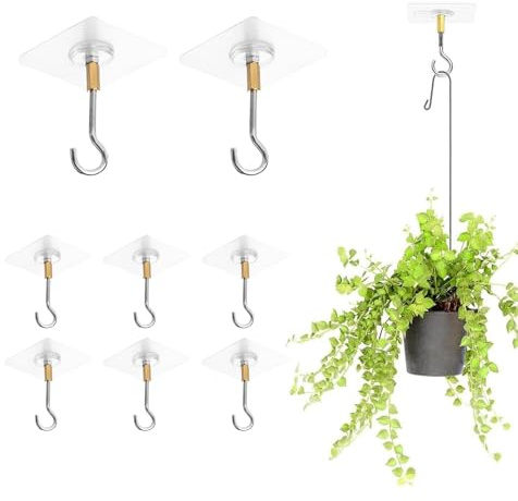 OYIWINMI 8 Stück Deckenhaken zum Aufhängen von Pflanzen, Deckenhaken Selbstklebend Ohne Bohren, Klebehaken Decke PVC Transparent mit Pflanzenhaken aus Edelstahl