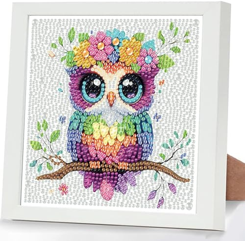 GHHKUD Eule Diamond Painting Kinder mit Rahmen, 5D Diamond Painting Bilder Erwachsene, Diamant Malerei Set Geschenk für Kinder und Mädchen ab 6 8 10 Jahren, Diamant Art Home Decor(18x18cm)