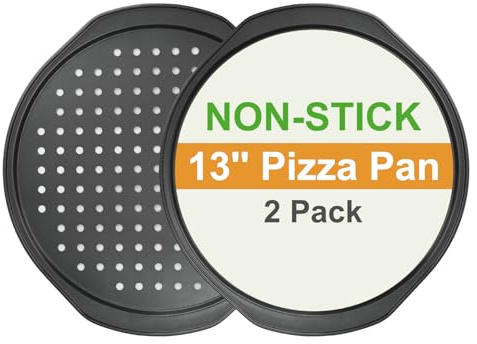BSDLZCH 13 Inch Pizza Pan for Oven, 2 Pack Round Pizza Pan with Holes Non-sticking Carbon Steel Pizza Tray with Handles Pizza Baking Pan for Cooking and Grilling Oven Safe