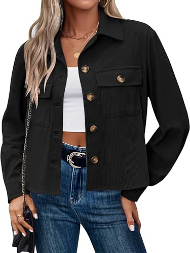HOTOUCH Women's Jackets Casual Lightweight Jacket Short Bomber Jacket | Button Down, Corduroy, Casual Jacket for Autumn Winter, Cropped Jacket with Pockets