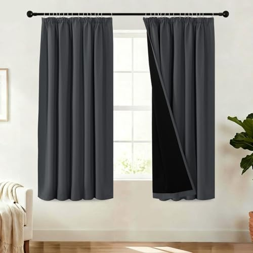 BellaHills 100% Blackout Curtains for Bedroom Thermal Insulated Curtains & Drapes for Living Room Short Window Curtain with Hooks Pencil Pleat Back Tab Rod Pocket 2 Panels,W46 X L54,Charcoal Grey