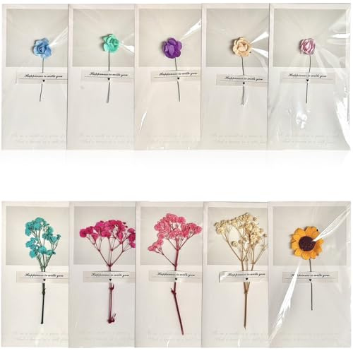 10 Pcs Carte Merci, Carte de Voeux, Cartes de Vœux en Fleurs Séchées, Carte Merci Maitresse, Carte Remerciement de Vœux Faites à la Main, pour Noël, Anniversaire, Saint-Valentin Maitresse (16 x 9mm)