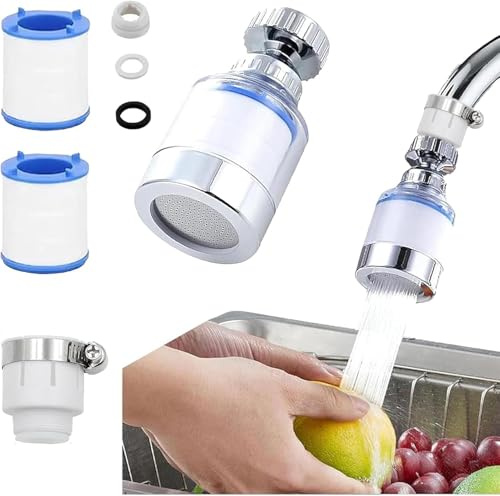 Filtro per rubinetto con adattatore universale e 2 cartucce filtranti, rotazione a 360 gradi per lavandino, filtrazione a carbonio attivo: rimuove cloro, fluoruro, metalli pesanti e acqua dura.