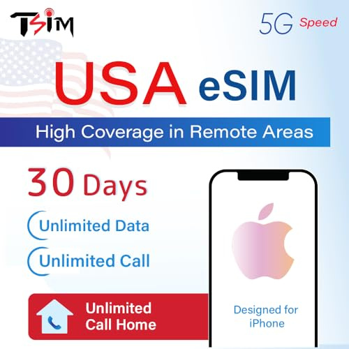 eSIM USA per Turisti – Dati 5G Illimitati + Chiamate e SMS Illimitati | Copertura Elevata in Aree Remote | Piano di 30 Giorni | Numero USA & 10 GB Hotspot | Progettata per iPhone