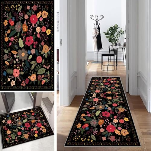 Mogetal Blumen Teppich Läufer Flur Schwarz Bunt Lang Kücheläufer Schlafzimmer Modern Teppich Läufer rutschfest Waschbar 40x250cm Dauerhaft Läuferteppich Flurläufer Korridor Polyester Meterware