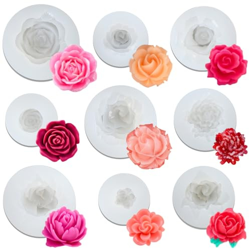 9 Pièces Moule Bougie Silicone, Forme des Roses Moule Silicone Fleur, Stéréoscopique Moules à Bougies, Moules Bougies Fleurs pour Bricolage Fabrication, Pâtisserie, Savon