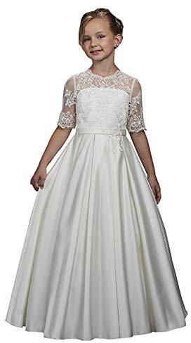 Hongyangjing Abito da Prima Comunione da bambina, a mezza manica, in raso di pizzo, formale, bianco, con fiori, per matrimonio in chiesa, bianco, 11-12 Anni