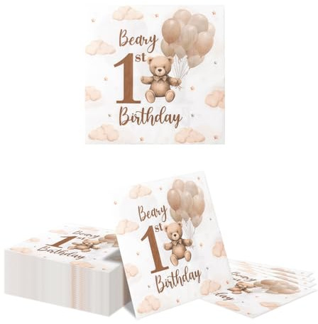 Kotkiddy 40 STK Bär Baby Shower Servietten 16.5cm Einweg Cocktail Gast Dinner Papierservietten für Jungen Mädchen Gender Reveal 1. Geburtstag Bärchen Themenparty