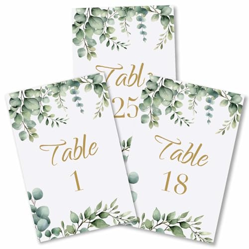 PRESSINART 26 Cartes Numéro de Table Vert Cartes Numéros de Table Mariage 1-25 Motif Eucalyptus Double Face Papier Or Signalisation Placement pour Réception Mariage Anniversaire Fête de Mariée