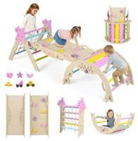GOPLUS 8-in-1 Klettergerüst Indoor, Kletterdreieck Holz, 4er Set Kletterspielzeug mit Kletternetz, Kletterbogen, Wippe & Leiter, inkl. doppelseitige Rampe & Baustein Set, Sprossendreieck für Kinder
