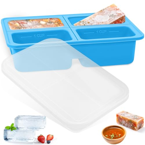 4 Compartimentos Bandeja Congelar, Molde Silicona con Tapa, Contenedor Almacenamiento Alimentos para Preparar Comidas, Cubes Cubitos Grande, Caja Congelador para Sopa, Salsa, Caldo, Hielo (Azul)