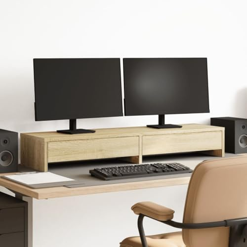 Monitorstativ med lådor Sonoma-ek trämaterial 100 x 27 x 15 cm, dubbelt monitorstativ med hylla, ergonomiskt för kontor, hemmakontor, gaming, bärbar dator, skrivbord