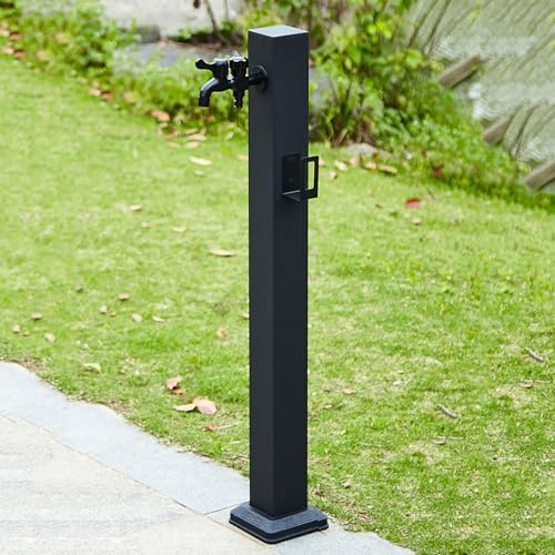 Fuente Jardín de Pie de Acero Inoxidable 304, Fuente de Columna de Exterior de Jardín con Grifo de Doble Salida y Soporte de Manguera, Antigelo Grifo de Jardín para Patio y Villa(65cm/26in)
