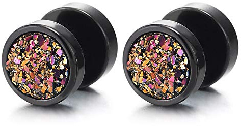 COOLSTEELANDBEYOND Uomo Donna Acciaio Nero Cerchio Orecchini con Arcobaleno Luccichio, Finto Dilatatore Fake Cheater Plug Gauges, 1 Paio