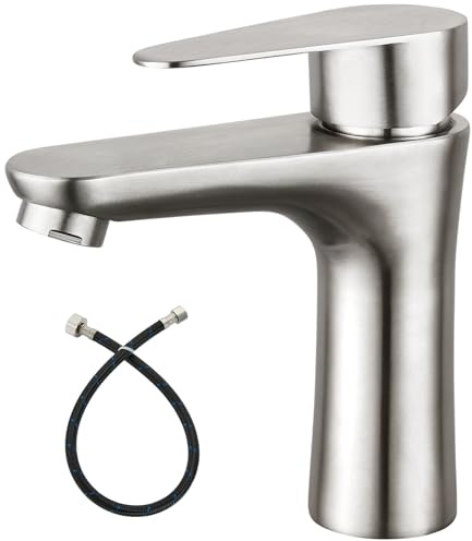 Heyalan Bathroom Faucet Single Handle 1 Hole SUS304 Stainless Steel Deck Mount Lavatory Single Switch Basin Sink Faucet Without Pop Up Drain and Cold Water Only Brushed Nickle