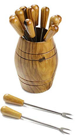 Barril de madera olivo con 12 pinchos para comer caracoles o aperitivos fabricada artesanalmente