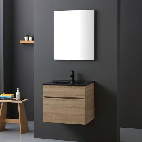 Kiamami Valentina Mobile Bagno Sospeso 60 Cm Quercia Naturale Lavabo Nero