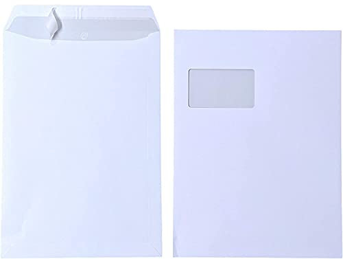 100x Versandtasche C4 A4 weiß mit Fenster, selbstklebend mit Abziehstreifen, mit grauen Innendruck, 120 g/qm, Maße 229 x 324 mm Umschläge Kuvert