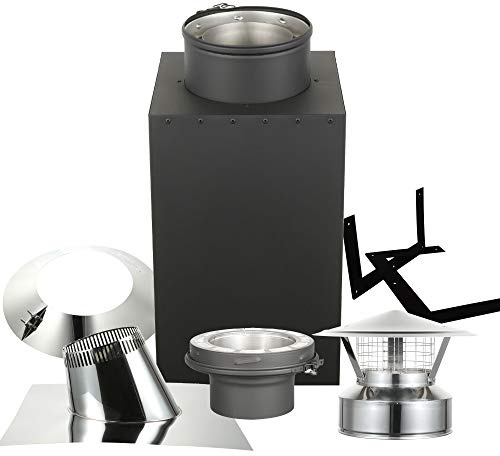 AllFuel HST Cathedral Ceiling Kit with Spark Guard Chimney Cap for 6 Diameter 304 Stainless Steel Class-A Double Wall Chimney Pipe (36 Square Ceiling Support Box, 1/12-6/12 Pitch Roof Flashing)