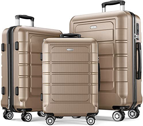 SHOWKOO Kofferset 3 Teilig Hartschale Leicht ABS+PC Erweiterbar Reisekoffer Haltbar Trolley Handgepäck Sets mit TSA Schloss und 4 Rollen (M L XL -Champagner)