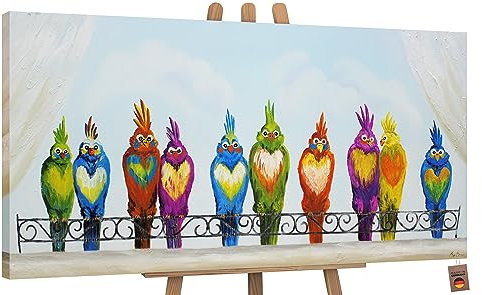 YS-Art Acrylbilder auf Leinwand handgemalt lustige Vögel moderne Bilder fürs Wohnzimmer leuchtend bunt Wohndekor Bilder Büro echte Kunst 200x100 cm