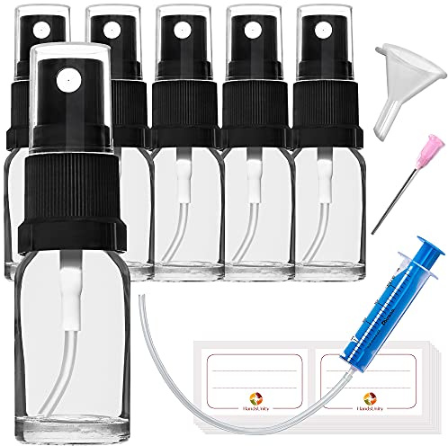 HandsUnity Botella rociadora de vidrio -10ml-6Pieza, Negro Gorra Botellas de vidrio transparente para farmacia con atomizador negro Botella de vidrio incluye accesorios