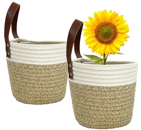 SOQKEEN Cestas Almacenaje Baño, 15,2 x 15,2 cm Cesta Mimbre Algodón 2 Piezas Cestas Almacenaje Decorativas Cestos Colgantes Pequeños para el Baño, Almacenamiento, Plantas, Cocina (marrón claro)