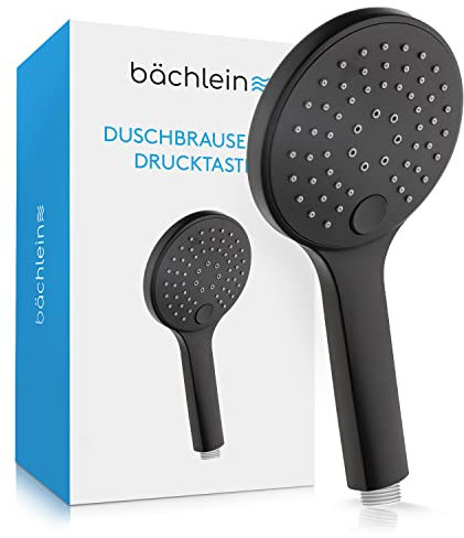 Bächlein Universal Duschbrause - Brausekopf mit 3 Strahlarten, einfach wechselbar durch praktische Drucktaste - Runder Duschkopf Matt Schwarz - Handbrause mit Standard G 1/2” Anschlussmaß