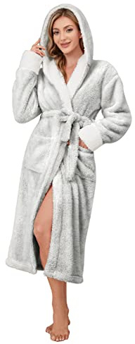 Voqeen Bademantel Damen, Flauschig Fleece Morgenmantel Lang, Kuschelig Plüsch Bademantel mit Kapuze, Geburtstagsgeschenk für Frauen, S-XL