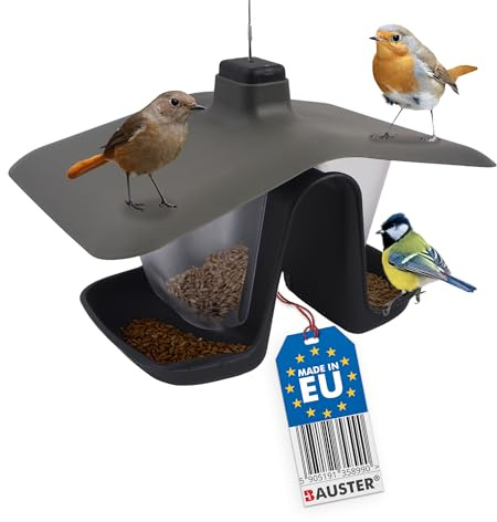 BAUSTER® Vogelhaus mit Futtersilo – Futterhäuschen für Vögel zum Aufhängen oder Stecken – Frostbeständig & Witterungsfest – Vogelfutterhaus aus robustem Kunststoff (Zweikammer Vogelfutterhous)