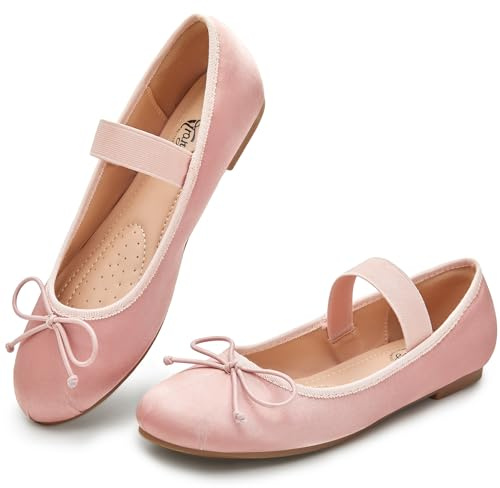 Trary Pink Flats for Women, Round Toe Ballet Flats Mary Jane Shoes Women with Elastic Strap and Bowknot Comfortable Dress Shoes for Girls Daily Work Casual Wear, Size 6