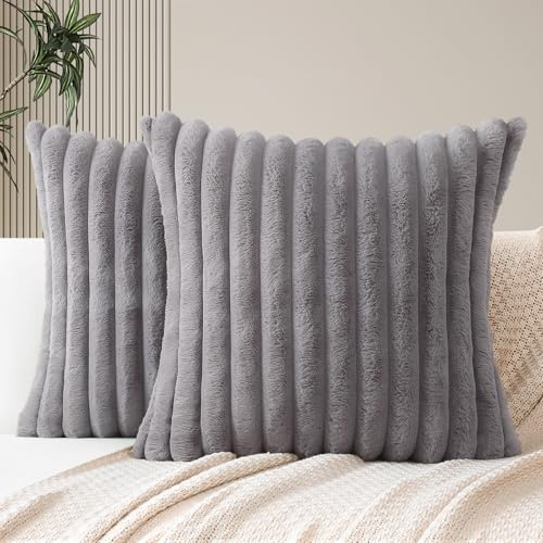 JOTOM 2 Piezas Fundas de Cojín 45x45 cm de Doble Cara de Felpa de Imitación de Piel Suave a Rayas Cojín Almohada Lumbar para Sofá Cama Decoración del Hogar