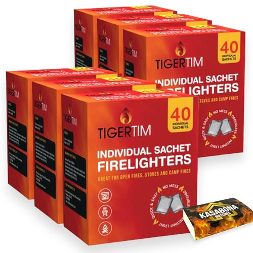 Tiger Tim Firelighters Sachets Mess Free Odourless Safe Quick Fire Starter hotspot Burners BBQ Coal Wood Burners with KasaBona Safety Matches (240 Firelighters)
