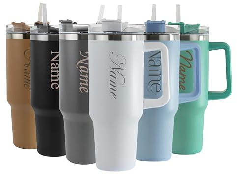 Personalised Engraved Thermal Tumbler, 40oz/1135ml Insulated Travel Cup, Large White Travel Coffee Mug, Customise with Any Name and Font, Stainless Steel, Straw and Handle