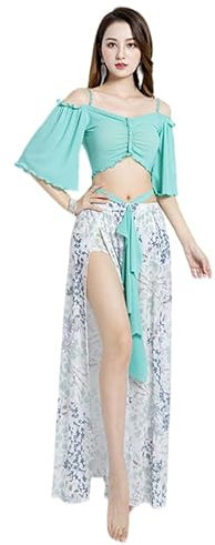 MUZIZY Orientalisches Kleid Print Bauchtanz Kostüm 2 Stück Kurzarm Gaze Rock Sexy Side Split Stage Kleidung Frauen,Grün,XXL