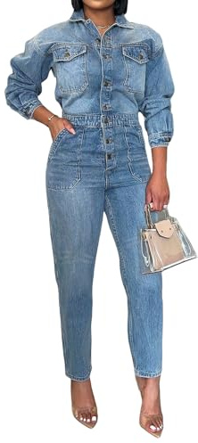 cffvdiz Mono De Mezclilla para Las Mujeres Sexy Slim Fit Manga Larga Cintura Alta Jean Jumpsuits Botón Abajo Cintura Elástica Larga Mameluco,Azul,S