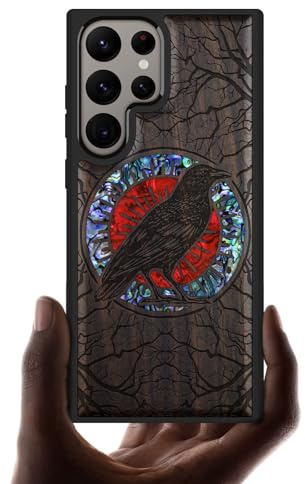 Carveit Handcrafted Case for Galaxy S24 Ultra (The Haloed Crow-Black) | Samsung Galaxy S24 Ultra Case - Compatible with MagSafe Wireless charger - Wood Engraved Shell Inlaid - TPU Shockproof Bumper
