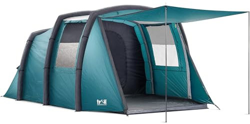 Trail Brazen Inflatable 4 Man Air Tent with Living Area, Family Camping Tunnel Tent, 5000mm Waterproof, Dark Zone Bedroom, Safety Purge Pump and Bag (L455cm x W270cm x H195cm)