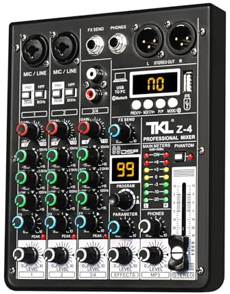 TKLBLS Audio Mixer, 4 Channel 99-Bit DSP, Digital MP3 Computer Input, 48V Phantom Power, Stereo Recording, Live Stream, Bluetooth Connection, DJ Mixer