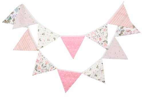 G2PLUS Guirnalda de Banderines de Tela Rosa - 3,3 m, Doble Cara, Algodón - 12 Banderines Para Habitación Infantil, Fiesta de Cumpleaños de Niñas