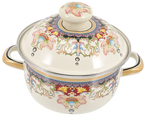 VINTORKY Enamel Cooking Soup Pot Double-Handle Stockpot 20cm Thickened Wear-Resistant Household Enamel Stew Pot Compatible Gas and Induction Hob