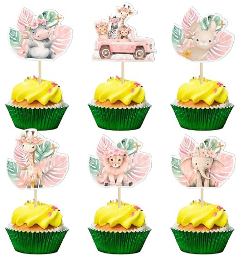 Gyufise 36Pcs Pink Safari Baby Shower Cupcake Topper Floral Jungle Animals Baby Cake Decorations Safari Theme Cupcakes Toppers for Girls Kids Baby Shower Party Supplies Pink