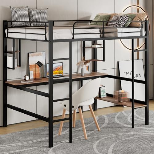 Hochbett Metallbett Einzelbett 90x200 mit Schreibtisch&Bücherregal&4 kleinen Regalen, Kinderbett Etagenbett mit Leiter&Rausfallschutz, Eisenbett Bettgestell für Kinder Jugendliche Erwachsene, Schwarz