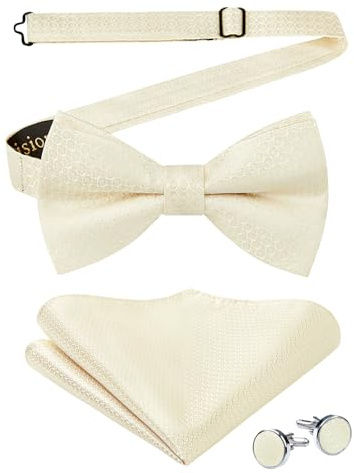 Enlision Fliege Beige Herren Einfarbig Vorgebundene Fliegen und Einstecktuch mit Manschettenknöpfe Set Einstellbar Fliege mit Haken für Hochzeit Party