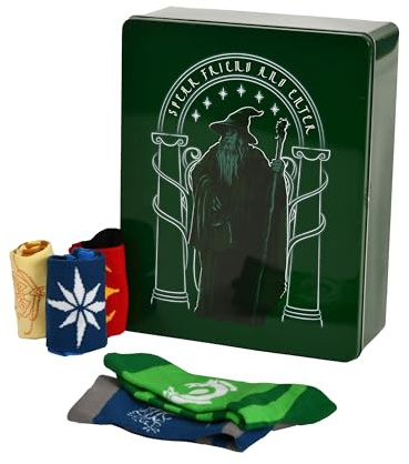 Elbenwald Adventskalender mit Socken zum Befüllen in schicker Metall-Geschenkbox 2024-12 Paar Socken verschiedene Motive, Anime One Piece - Herr der Ringe - Harry Potter